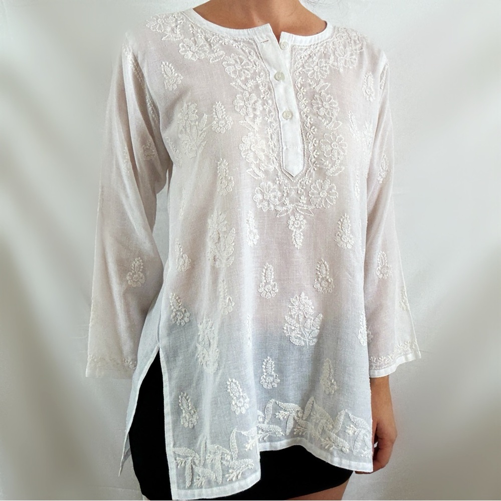 Vintage embroidered boho white blouse top button up Kali Kurta long sleeve